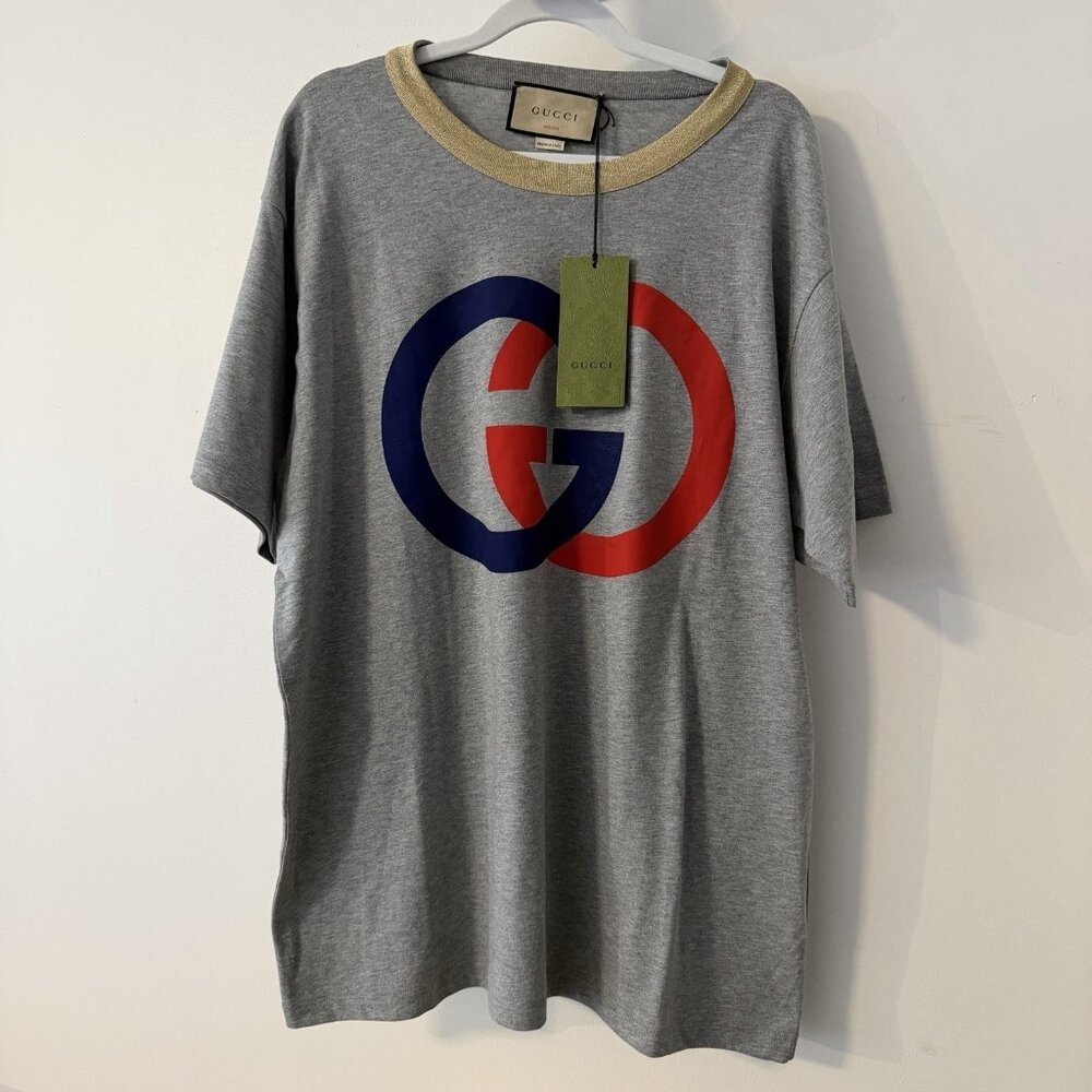 NWT GUCCI LOGO T-shirt Grey Logo Sz M 100% Authentic